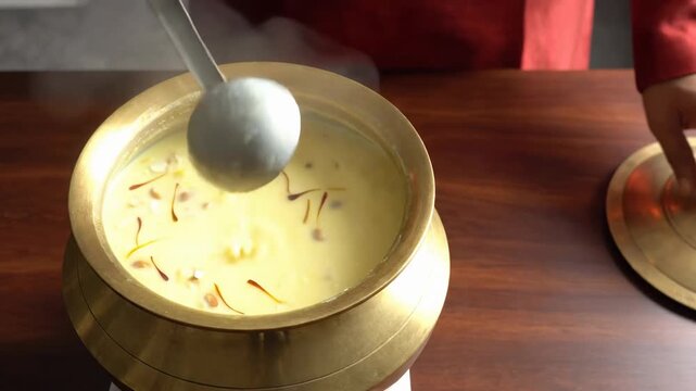 Serving creamy golden pudding from a decorative brass pot with saffron strands and pistachios against a dark wooden table background with steam rising from the dessert and a hand lifting the lid