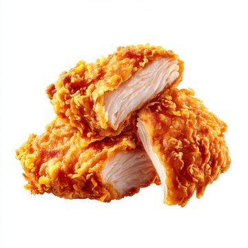 Crispy Fried Chicken Fillets Stacked on White Background with Golden Breading Texture and Juicy Meat Inside