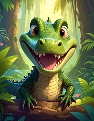 Cartoon gator grins, showcasing teeth, in lush jungle
