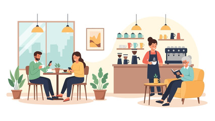 Fototapeta premium Coffee shop scene with people enjoying drinks and reading