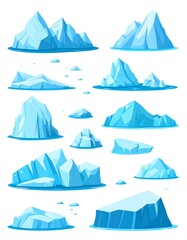 Cartoon icebergs of varying sizes and shapes floating on water