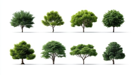 Fototapeta premium A Diverse Collection of Eight Realistic Tree Models Representing Various Leaf Shapes and Shades for Nature and Landscape Illustration