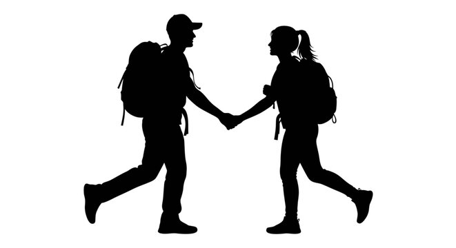 Silhouette of a couple hiking and holding hands symbolizes love and adventure with backpacks