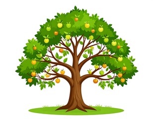 Cartoon illustration of an apple tree with apples and green leaves