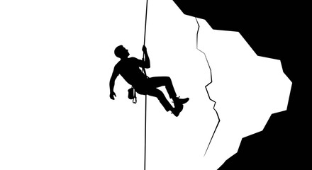 Silhouette of a daring rock climber descending a cliff face with rope support displays athleticism © Alis