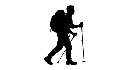 Silhouette of a male hiker with backpack and trekking poles on a white background