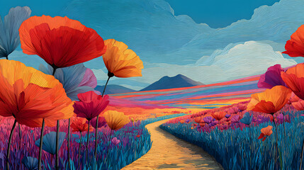 Whimsical Colorful Flower Field Landscape with Winding Path