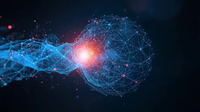 Neural network connection with glowing data node and flowing blue mesh abstract blue connection