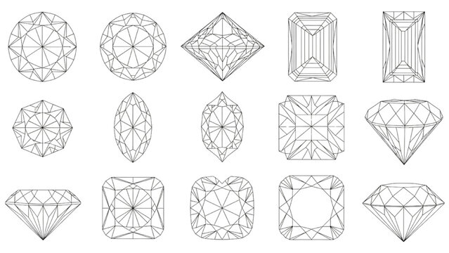 Collection of various diamond cuts and shapes in line art illustration