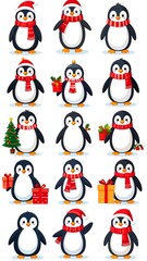 Cartoon penguins in various festive winter outfits and poses