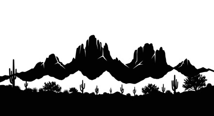 Black and white silhouette illustration of a desert landscape with mountains cacti and plants © Alis