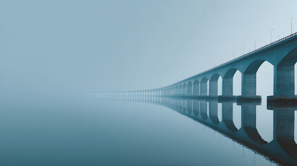 Minimal Long Bridge Vanishing into Fog Over Calm Water