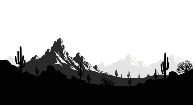 Monochrome Arizona desert landscape with saguaro cacti and rocky mountains illustration