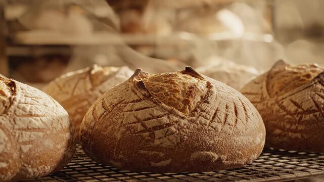 Artisan Sourdough Boules with Intricate Scoring Cooling on a Rack Emitting Warm Steam