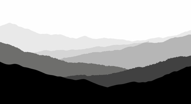 Monochromatic mountain range landscape with layers of hills and valleys in black and white gradient