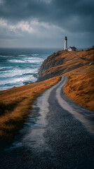 Winding Coastal Road Leading to Lighthouse on Dramatic Cliff