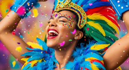 Woman in colorful costume with feathers and confetti celebrating carnival with joy and excitement on her face