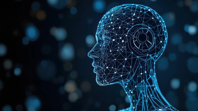 Futuristic artificial intelligence neural network human head profile wireframe blue glowing nodes