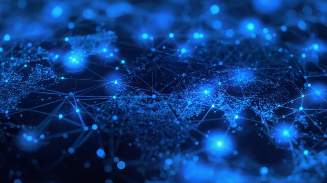 Blue glowing network nodes connected by lines forming dynamic digital data web map with global