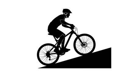 Fototapeta premium Silhouette of cyclist riding mountain bike uphill showing fitness and determination