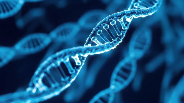 Glossy blue DNA double helix strand floating with glowing molecular structure and liquid texture