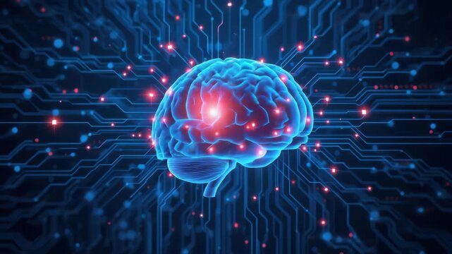 Glowing blue brain with red neural activation and neon neural nodes over circuit board background