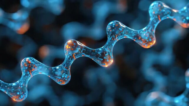 Blue and orange molecular chain with glossy blue spheres and translucent molecule beads futuristic