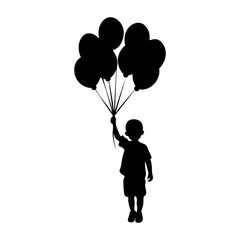 Silhouette of a Child Holding Balloons on White Background. © Ali