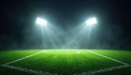 Obraz premium Illuminated soccer stadium field at night. Bright spotlights shine on green grass pitch. Empty sports arena ready for game or competition. Atmosphere of a pro football match.