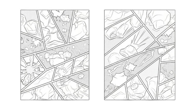 Dynamic Abstract Shattered Geometric Shapes and Debris in Comic Style Panel Layouts