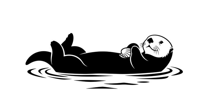 Black and white vector graphic illustration of a sea otter floating on its back in water with a