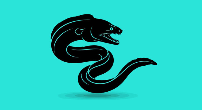 Striking black eel silhouette against a vivid turquoise backdrop enhancing the aquatic theme and