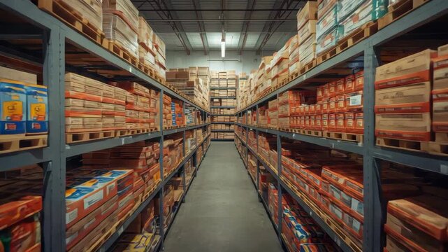 Warehouse aisle with stacked cardboard boxes packaged food metal shelves calm organized pallet