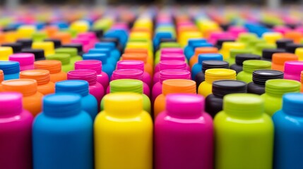 A row of colorful bottles with caps on them