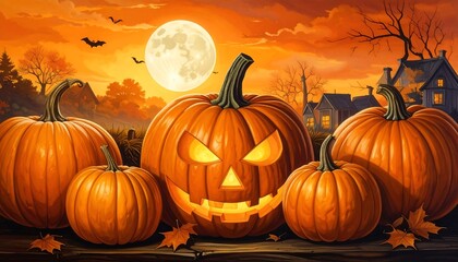 Carved pumpkins under a full moon, a quintessential autumn scene