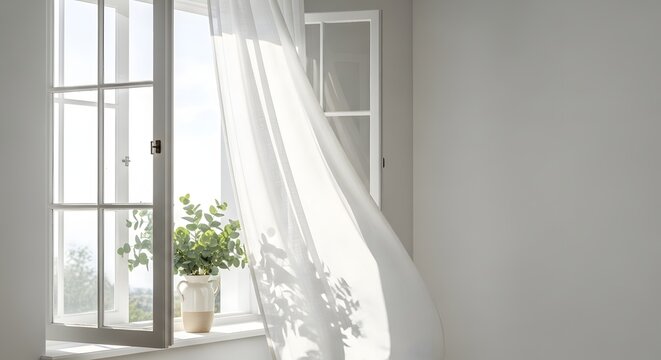 An open window bringing fresh air indoors, with sheer curtains flowing in the breeze, representing a peaceful home concept and natural ventilation.