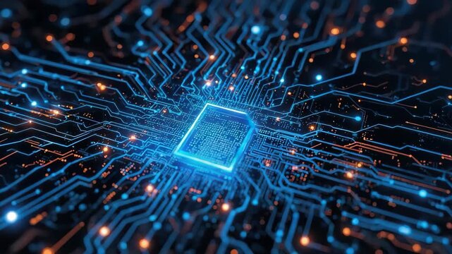 Glowing blue microchip circuit board with illuminated traces and warm orange highlights