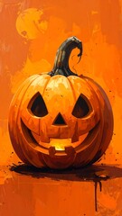 Carved, smiling orange gourd against a textured, orange background