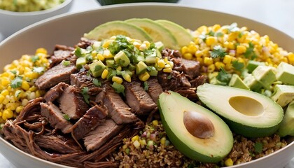 bbq brisket protein bowl with quinoa, avocado, cilantro, and corn salsa