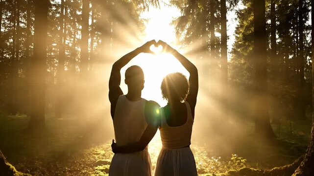 Couple forms heart shape with hands in sunlit forest, celebrating love and nature