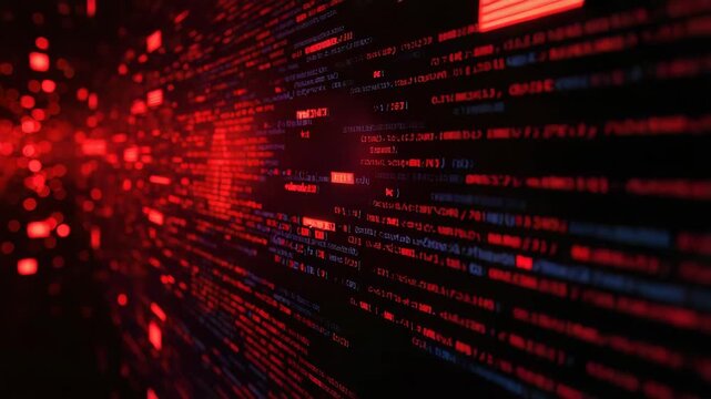 Red glowing code stream of abstract programming lines streaming across dark background evoking