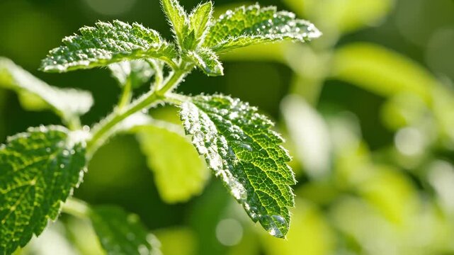 Close-up of vibrant lemon verbena leaves with dewdrops, showcasing their fresh citrus scent and natural beauty