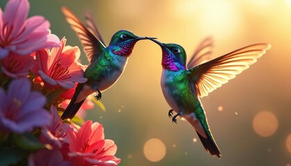 Obraz premium Two tiny hummingbirds hover near pink azalea flowers, their iridescent feathers shimmering. One bird feeds from nectar, beak touching another bird gently. Golden sunlight illuminates delicate wings.