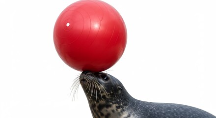 Obraz premium Curious spotted seal gracefully balances a vibrant red ball on its nose isolated with clean light. AI Generated