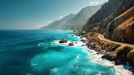 Scenic Coastal Highway Along Turquoise Ocean and Rocky Cliffs
