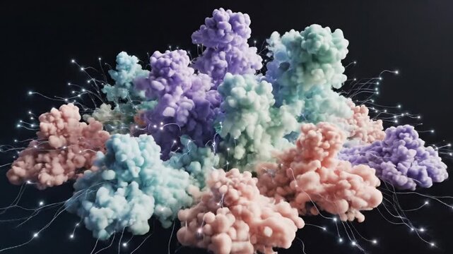 Molecular structures in pastel hues cluster together in a 3D representation, showcasing complex scientific data in a visually appealing illustration.