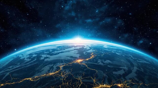 Sunrise over earth citylight network horizon space with glowing illuminated veins and starry