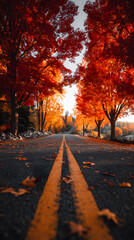 Scenic Autumn Road Lined with Vibrant Red and Orange Trees
