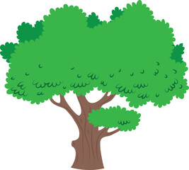 Vibrant green leafy tree with a sturdy brown trunk, a cheerful cartoon illustration representing nature, growth, and environmental beauty for various design projects and educational materials