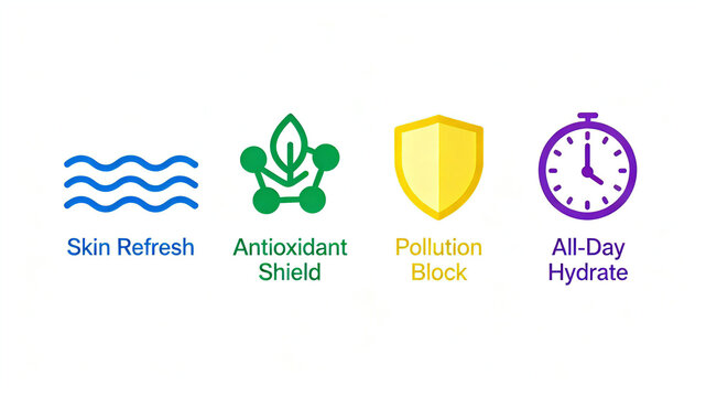 Combination of icons such as skin rejuvenation and antioxidant, revitalizing skin condition, building antioxidant barriers, blocking pollution and long-lasting hydration, daily skincare scenes.
